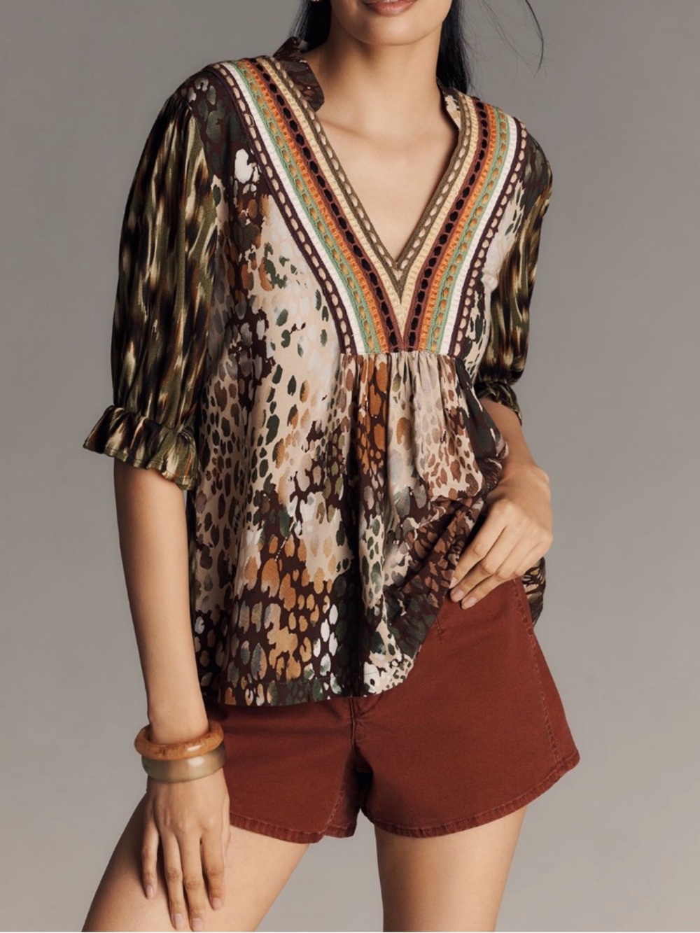 Boho V-Neck Mixed Print Blouse in Brown Multi